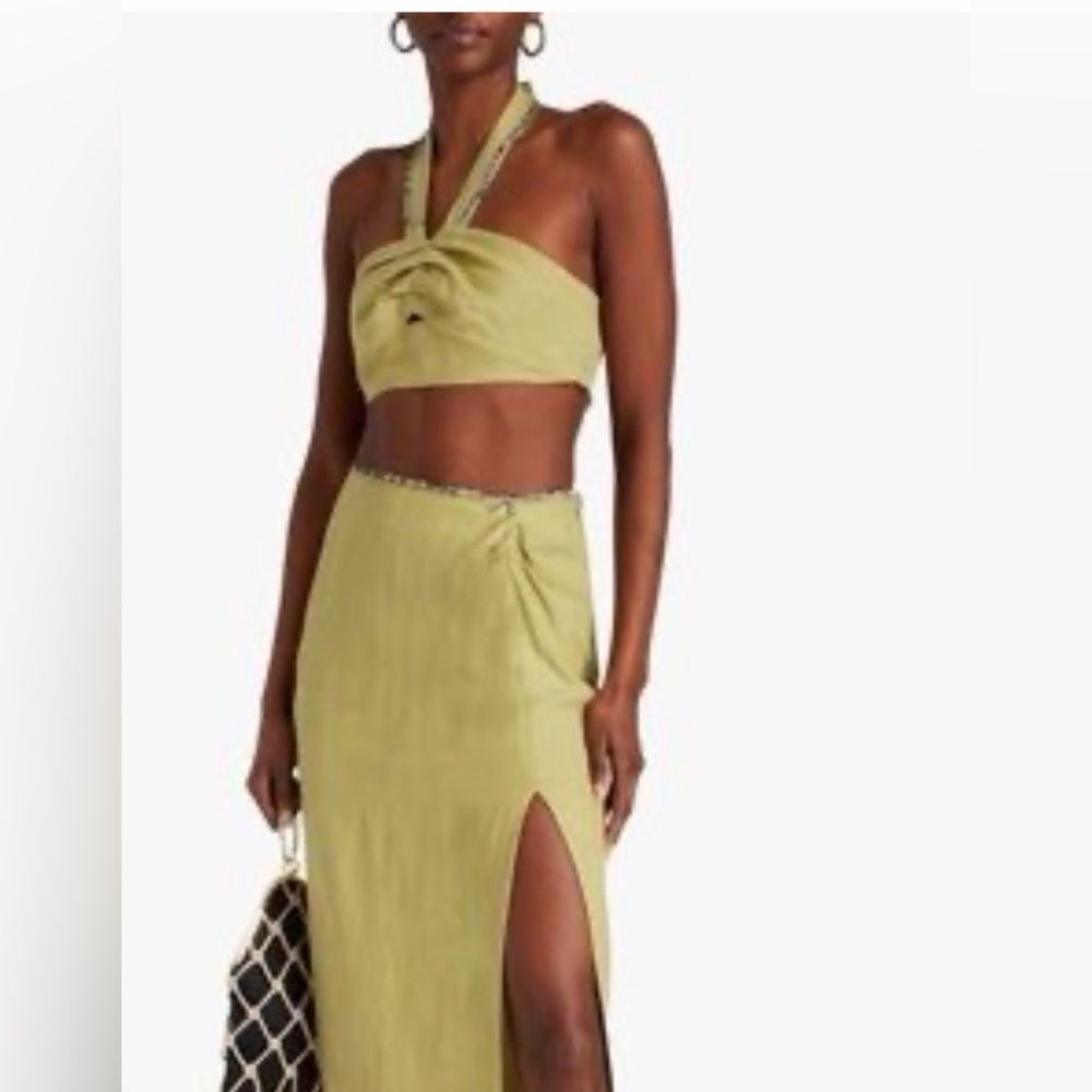 Sandro Olive Beaded Strap Crop Top with Multicolor Embellishment
